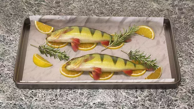 Fresh Yellow Perch with Lemon and Rosemary on Baking Tray 3D model
