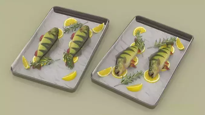 Fresh Yellow Perch with Lemon and Rosemary on Baking Tray 3D model 6