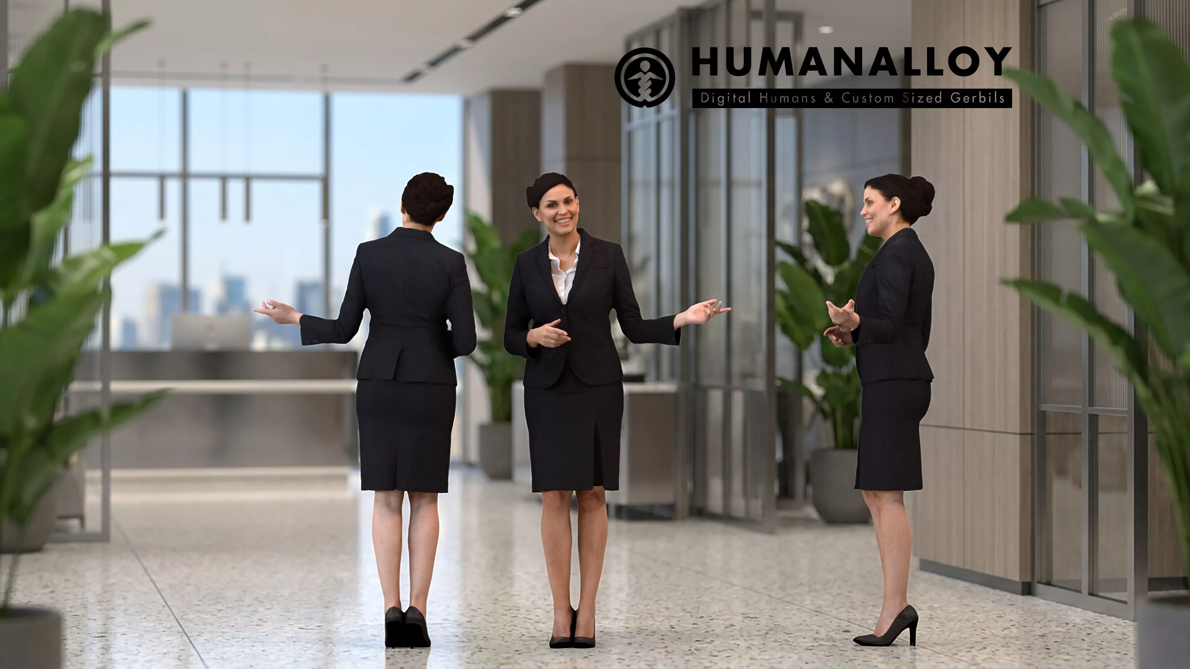 Adult Caucasian woman presenting in hospitality setting wearing 3D model