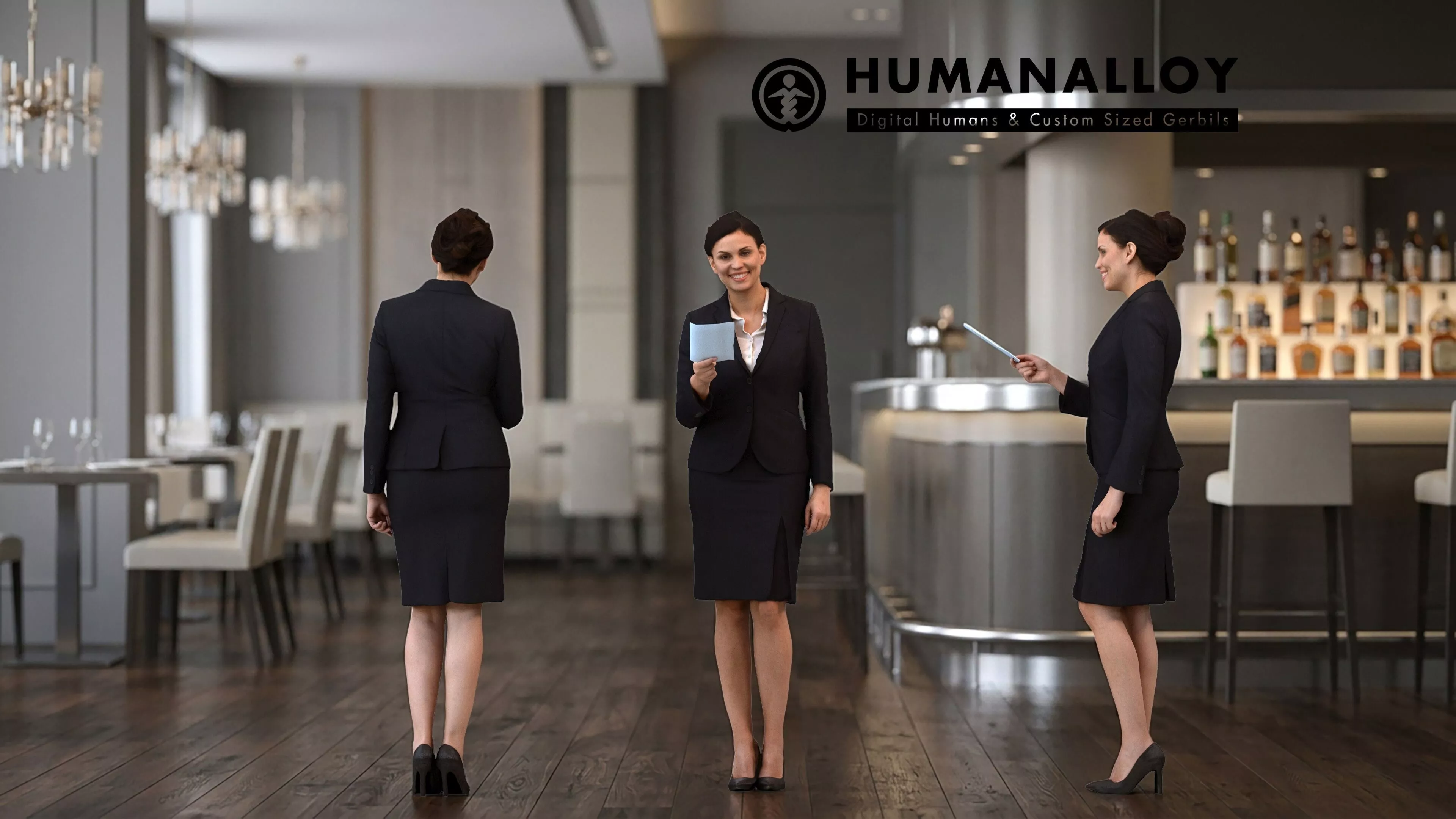 Adult Caucasian woman presenting in restaurant setting wearing 3D model