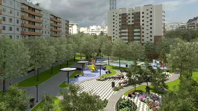 Residential Plaza Landscape 3D Pack 1 Low-poly 3D model 5