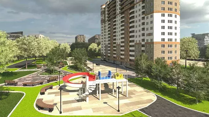 Residential Plaza Landscape 3D Pack 1 Low-poly 3D model 7