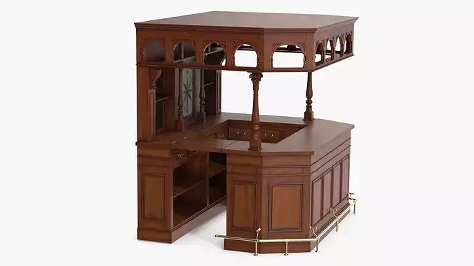 Victorian Style Bar Unit with Overhead Shelves Dark Wood Brown 3D model 2