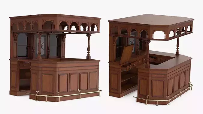 Victorian Style Bar Unit with Overhead Shelves Dark Wood Brown 3D model