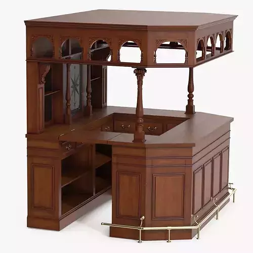 Victorian Style Bar Unit with Overhead Shelves Dark Wood Brown 3D model 7