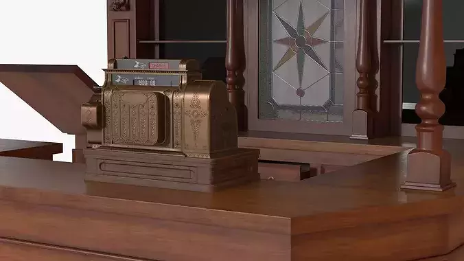 Classic Service Bar with Vintage Cash Register Brown 3D model 6