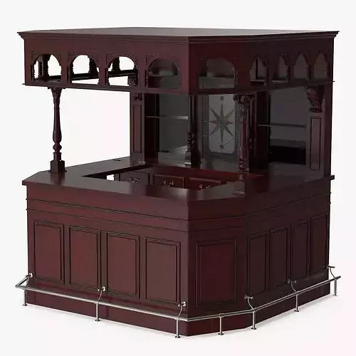 Classic Wooden Bar with Arched Upper Rack Red-Brown 3D model 7