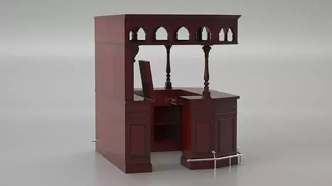 Classic Wooden Bar with Arched Upper Rack Red-Brown 3D model 2