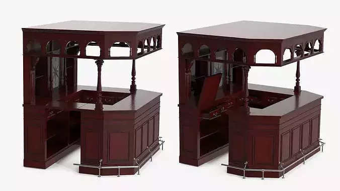 Classic Wooden Bar with Arched Upper Rack Red-Brown 3D model 3