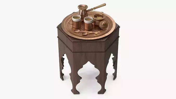 Traditional Arabic Coffee Set on Wooden Table 3D model 2