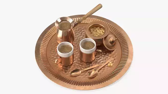 Traditional Arabic Coffee Set on Wooden Table 3D model 7
