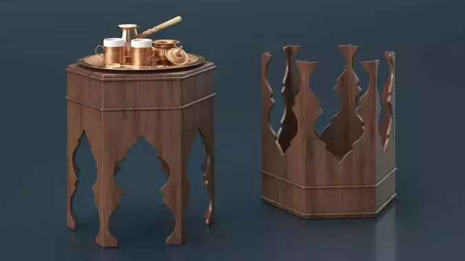 Traditional Arabic Coffee Set on Wooden Table 3D model 3