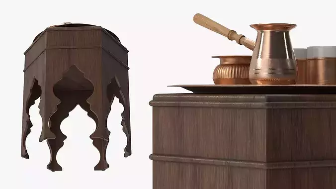 Traditional Arabic Coffee Set on Wooden Table 3D model 4