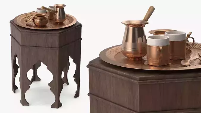 Traditional Arabic Coffee Set on Wooden Table 3D model