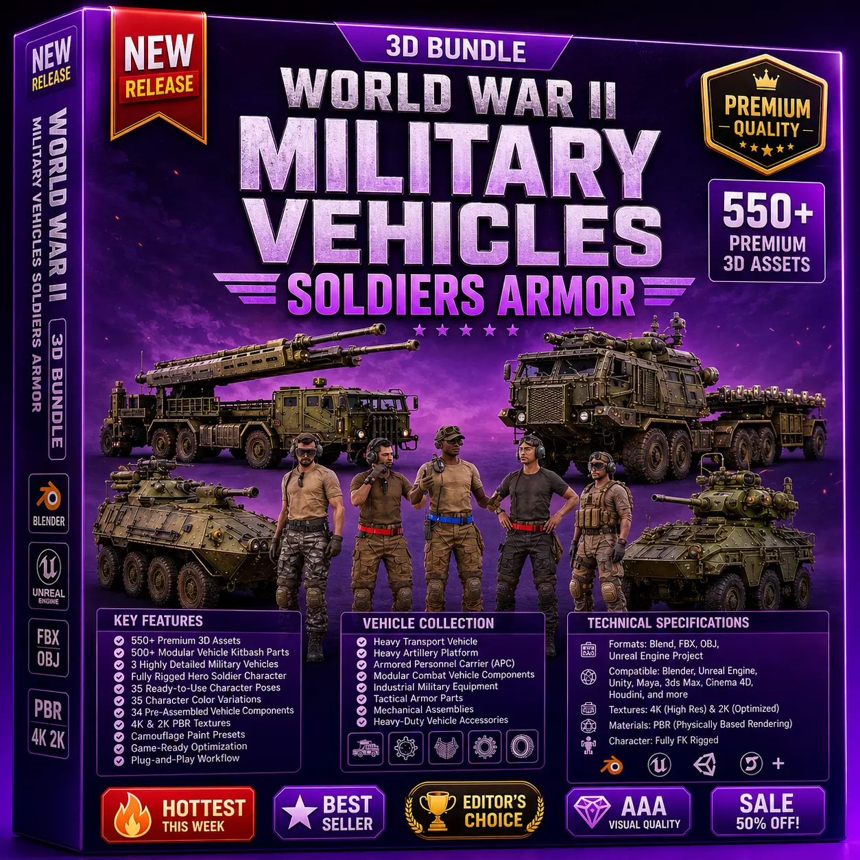 World War II Military Vehicles Soldiers Armor 3D Bundle Low-poly 3D model