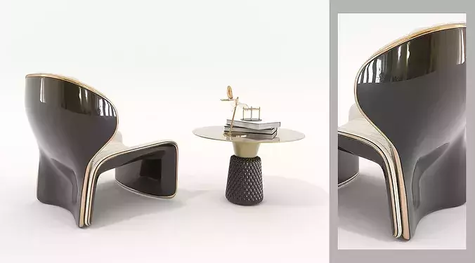 Modern Leather Lounge Chair with Coffee Table Set 2 3D model 2