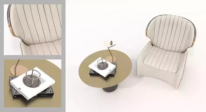 Modern Leather Lounge Chair with Coffee Table Set 2 3D model 3