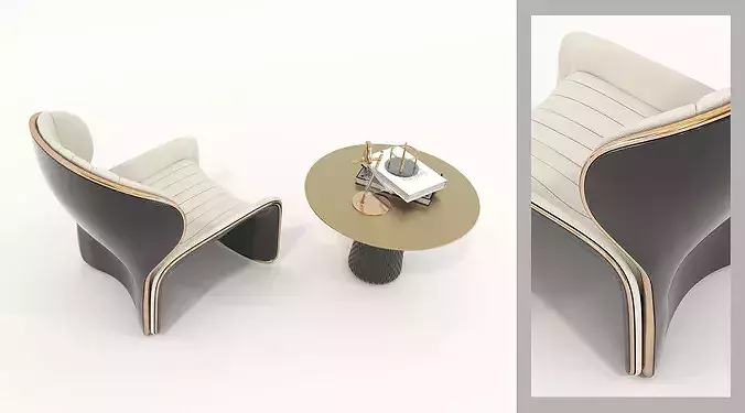 Modern Leather Lounge Chair with Coffee Table Set 2 3D model 4