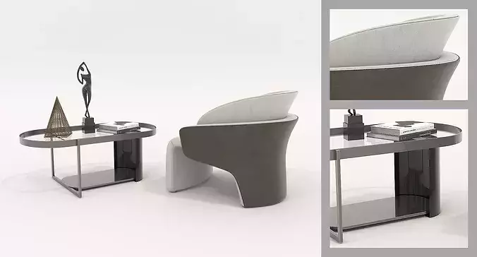 Modern Curved Lounge Chair with Asymmetric Coffee Table 3D model 3