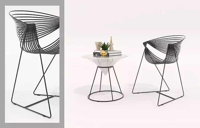 Contemporary Metal Wire Seating and Accent Table Set 3D model