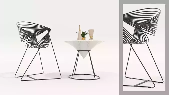 Contemporary Metal Wire Seating and Accent Table Set 3D model 4