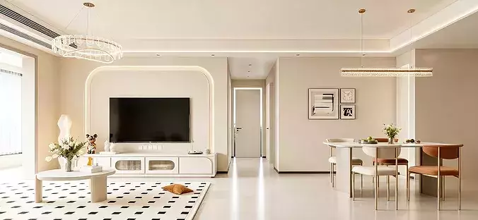 Cream tone living   dining room residential interior asset 3D model 2