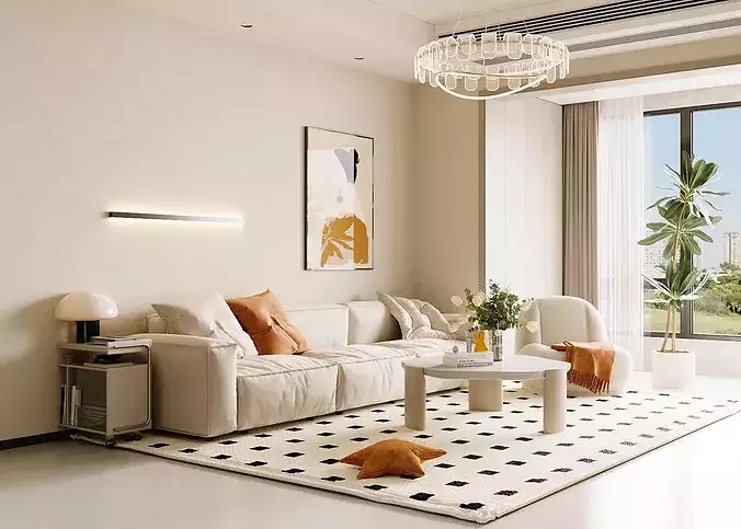 Cream tone living   dining room residential interior asset 3D model 3
