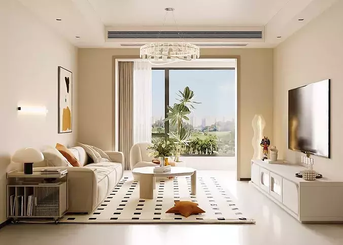 Cream tone living   dining room residential interior asset 3D model 5