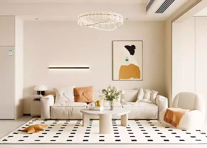 Cream tone living dining room residential interior asset 3D model