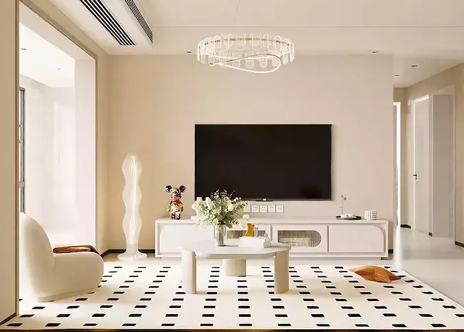 Cream tone living dining room residential interior asset 3D model 5