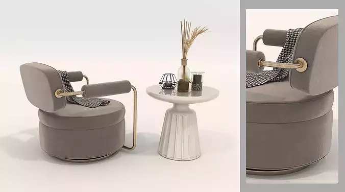 Modern Round Lounge Chair with Pedestal Side Table 3D model 3