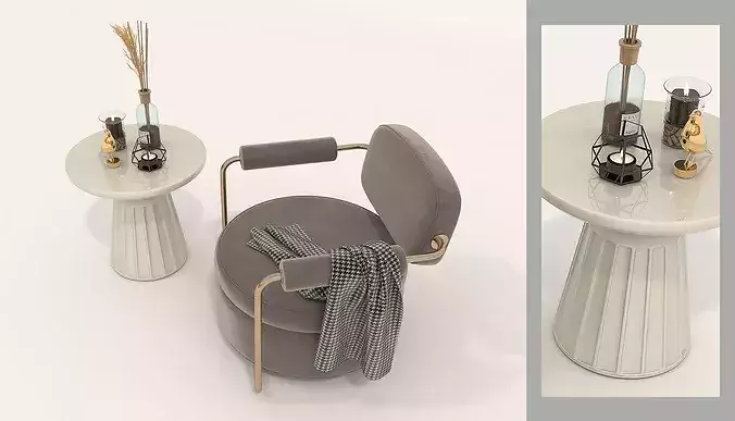 Modern Round Lounge Chair with Pedestal Side Table 3D model 4