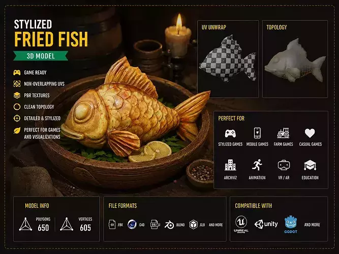 Stylized Fried Fish Low Poly Game Ready 3D Model Low-poly 3D model