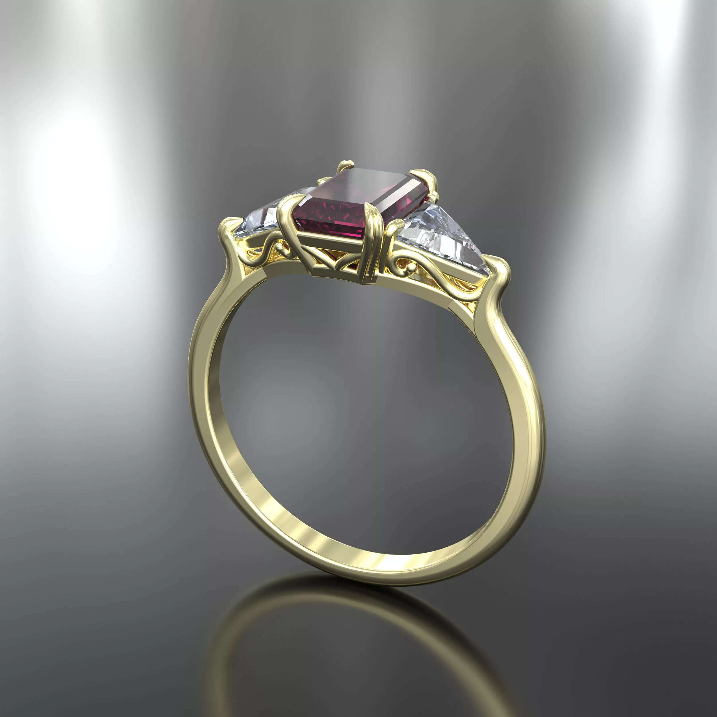 3D Model Three Stone Engagement Ring Emerald7x5 Triangle 5x5 3D print model