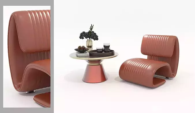 Modern Leather Lounge Chair with Coffee Table Set 3 3D model