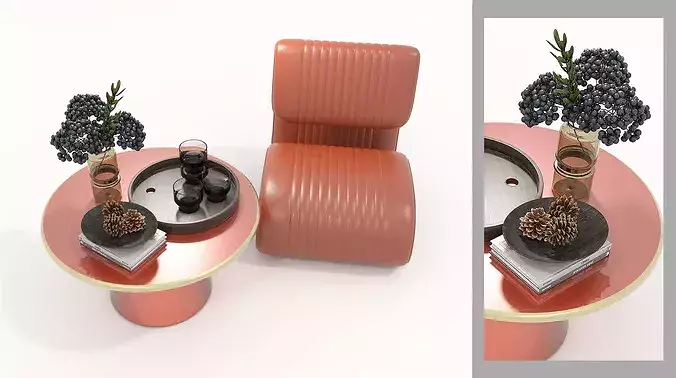 Modern Leather Lounge Chair with Coffee Table Set 3 3D model 6