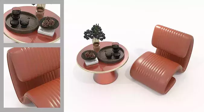 Modern Leather Lounge Chair with Coffee Table Set 3 3D model 2