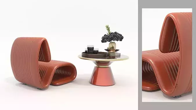Modern Leather Lounge Chair with Coffee Table Set 3 3D model 3