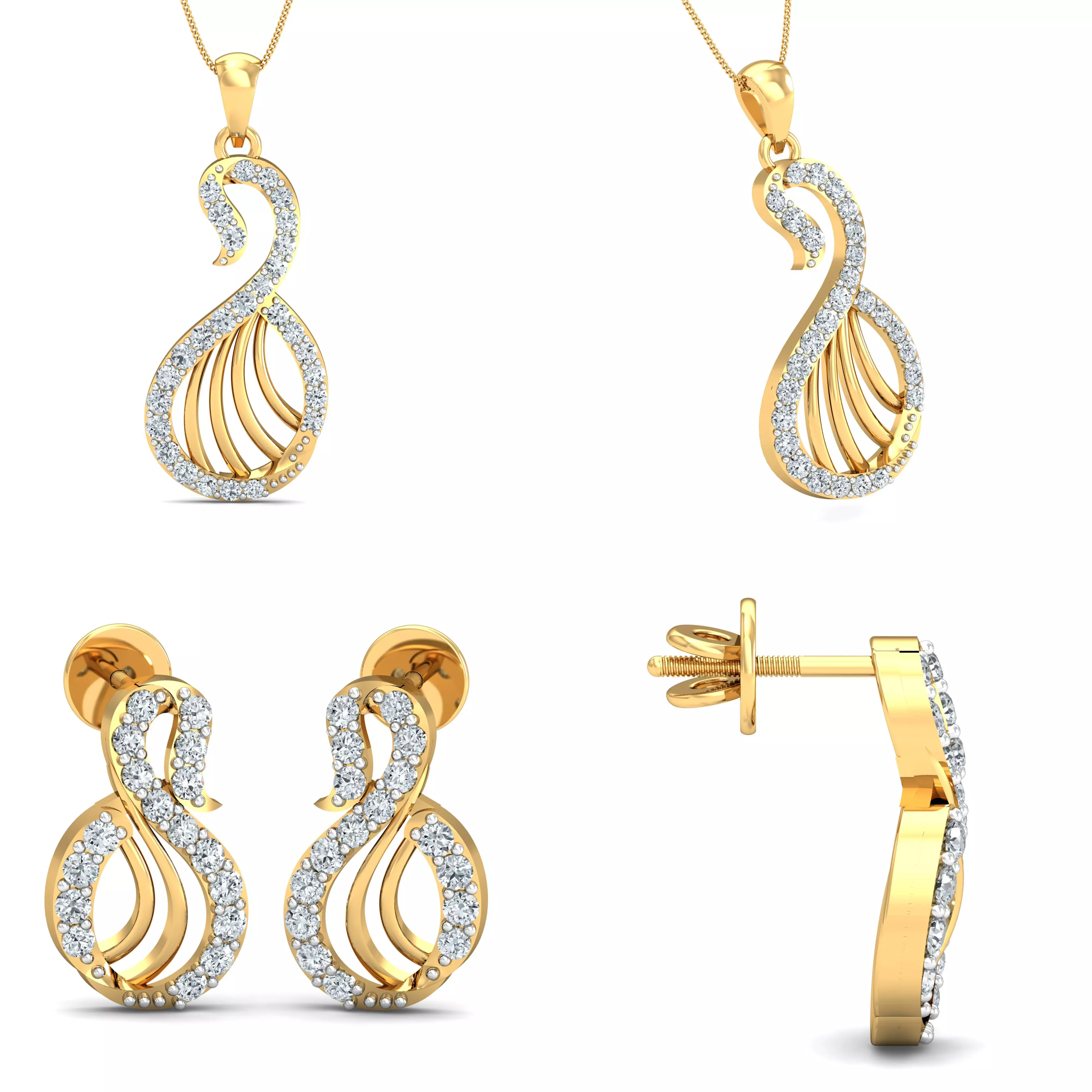 Elegant Diamond Swan Pendant Earrings Jewelry CAD Design 3D print model