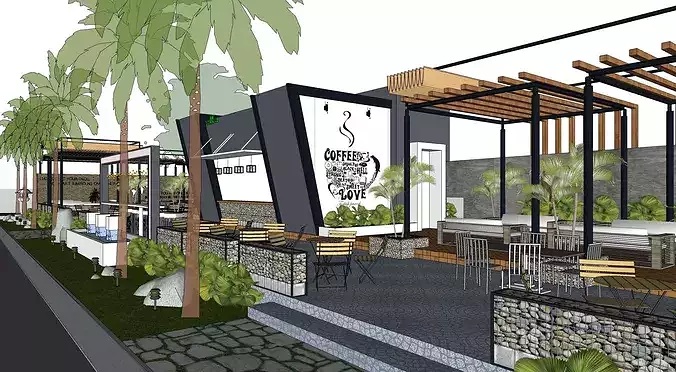 Modern Tropical Outdoor Cafe  Garden Courtyard 3D model 2