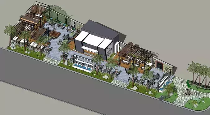 Modern Tropical Outdoor Cafe  Garden Courtyard 3D model 7