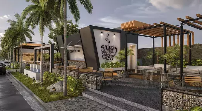 Modern Tropical Outdoor Cafe Garden Courtyard 3D model