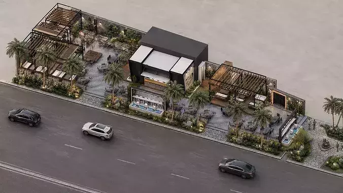 Modern Tropical Outdoor Cafe  Garden Courtyard 3D model 6