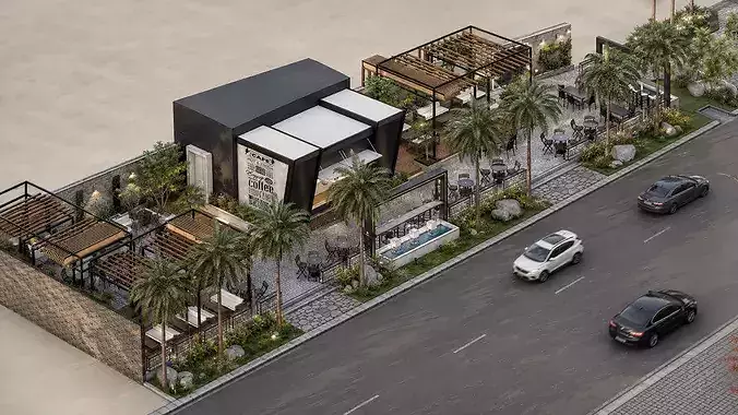 Modern Tropical Outdoor Cafe  Garden Courtyard 3D model 3