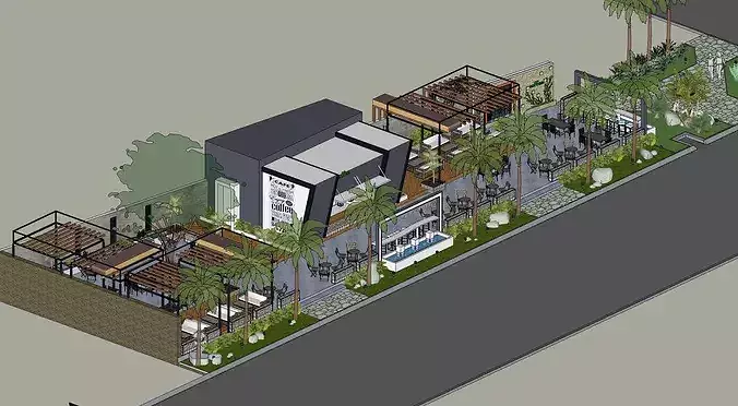 Modern Tropical Outdoor Cafe  Garden Courtyard 3D model 4