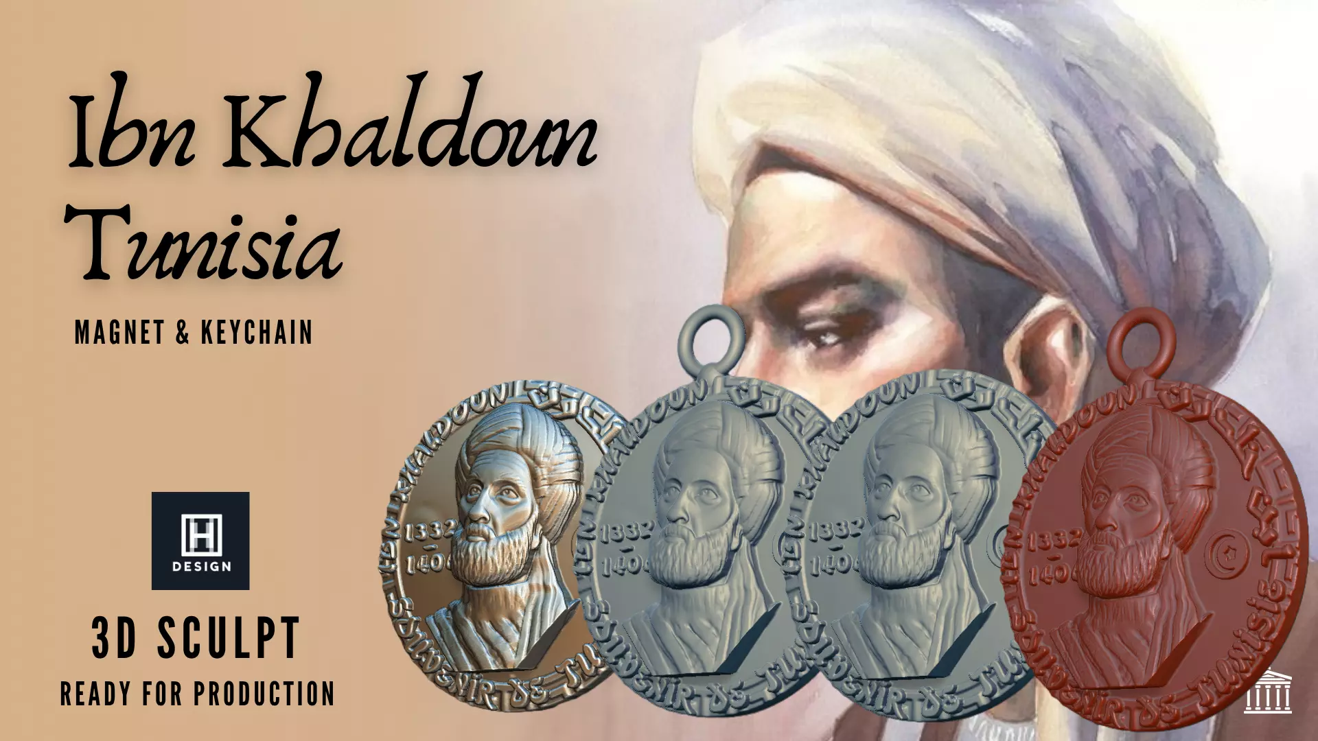 Ibn Khaldun Tunisia Medal Production Keychain and Magnet 3D print model