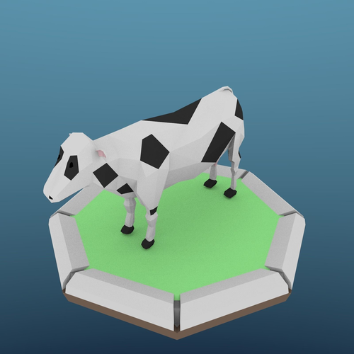 Low Poly Cow on platform Low-poly 3D model