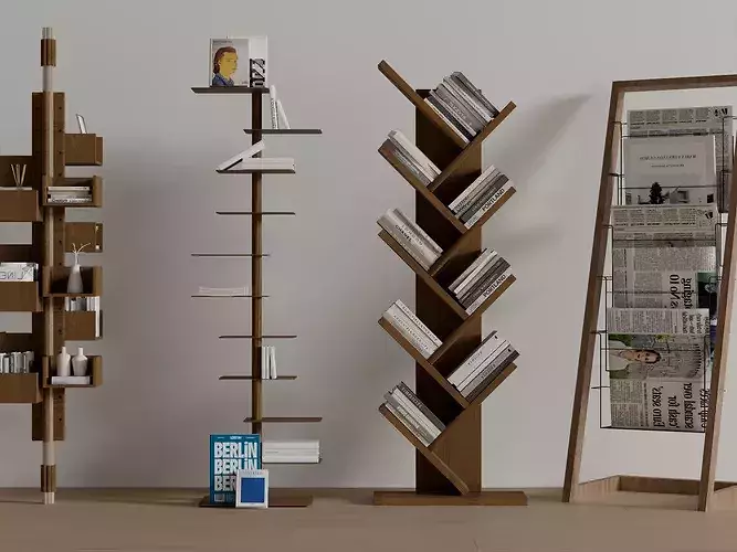 Modern Wooden Bookshelf Collection Low-poly 3D model 2