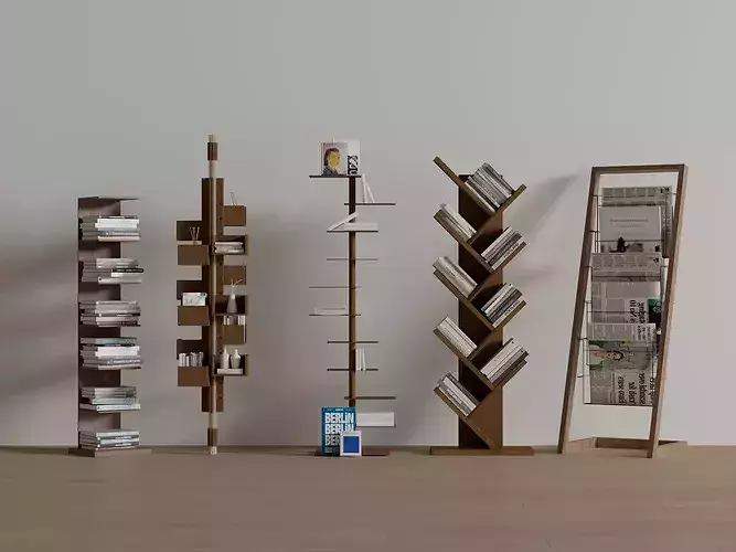 Modern Wooden Bookshelf Collection Low-poly 3D model