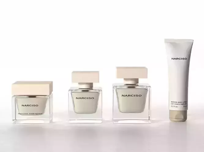 Fragrance Collection three bottles of perfume and tube of cream 3D model